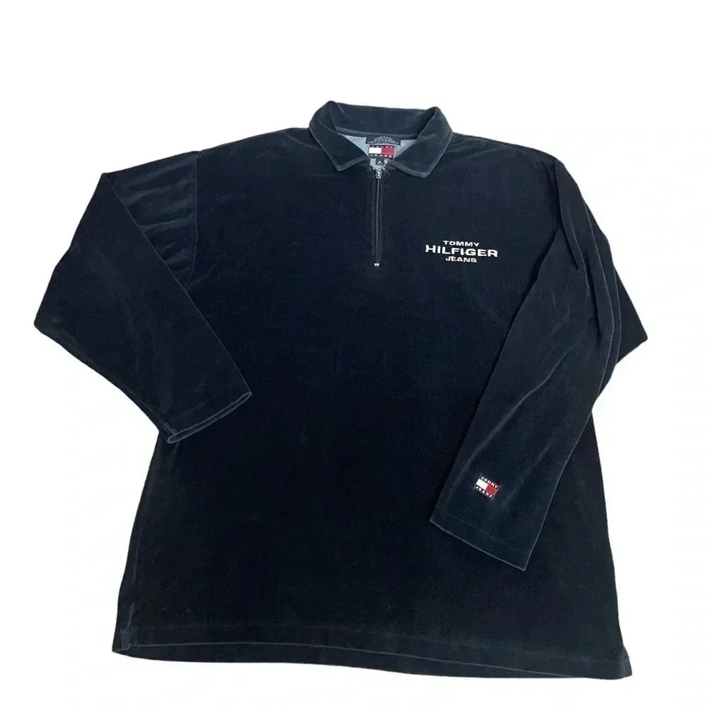 Tommy Hilfiger Vintage Y2K Dark Blue Velour 1/4 Zip Sweater Men’s Size XL **Flaw